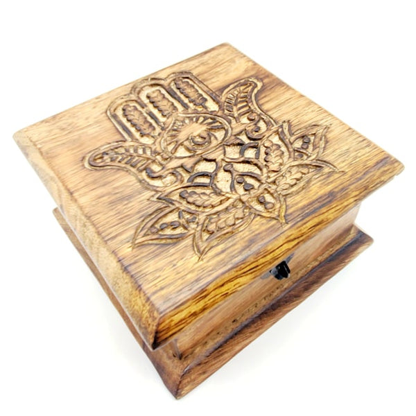 hamsa hand carved wooden box