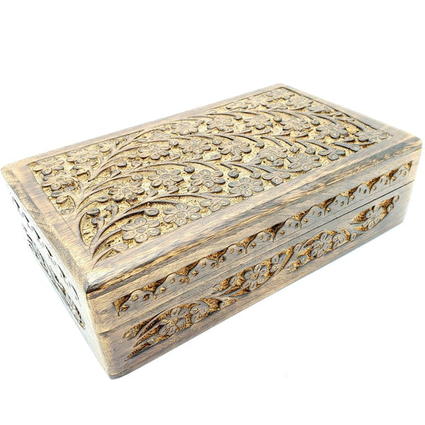 open floral pattern wooden carved box